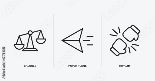 startup stategy and outline icons set. startup stategy and icons such as balance, paper plane, rivalry vector. can be used web and mobile.