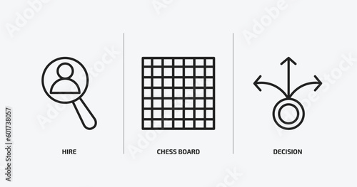 startup stategy and outline icons set. startup stategy and icons such as hire, chess board, decision vector. can be used web and mobile.
