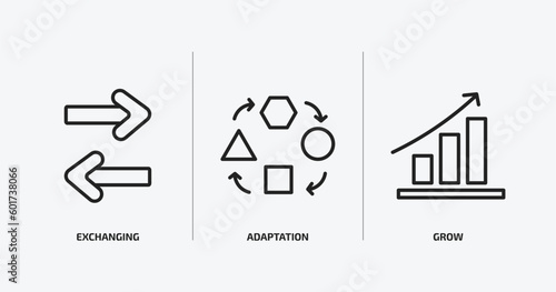 startup stategy and outline icons set. startup stategy and icons such as exchanging, adaptation, grow vector. can be used web and mobile.