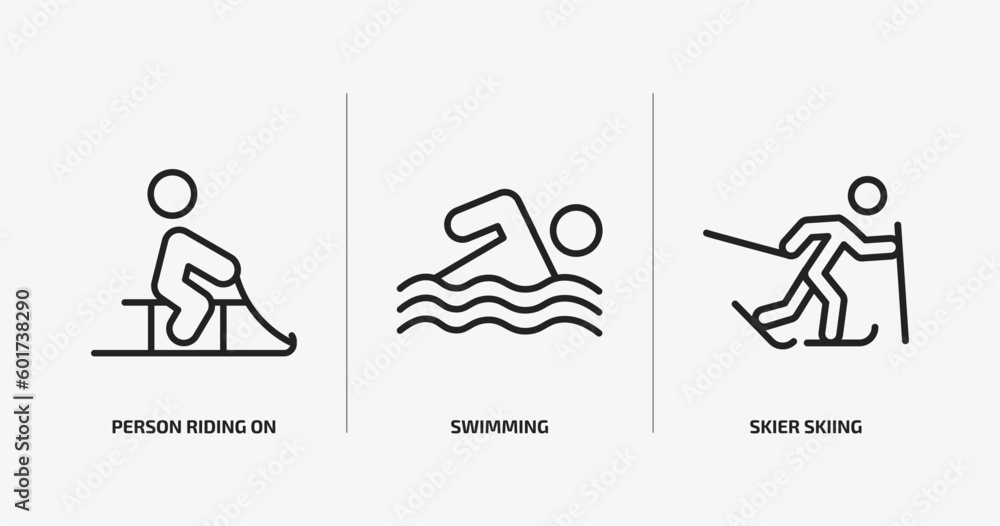 sports outline icons set. sports icons such as person riding on sleigh, swimming, skier skiing vector. can be used web and mobile. sports outline icons set. sports icons such as person riding on sleigh, swimming, skier skiing vector. can be used web and mobile.