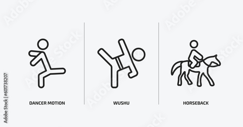 sports outline icons set. sports icons such as dancer motion, wushu, horseback vector. can be used web and mobile.