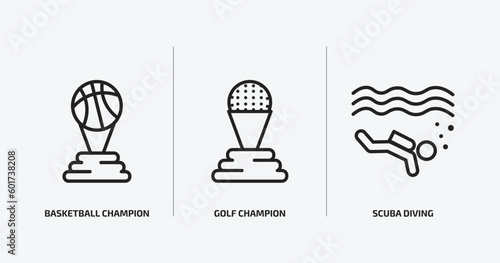 sports outline icons set. sports icons such as basketball champion, golf champion, scuba diving vector. can be used web and mobile.