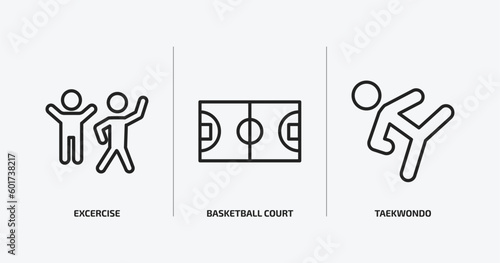 sports outline icons set. sports icons such as excercise, basketball court, taekwondo vector. can be used web and mobile.