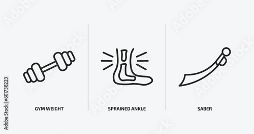 sports outline icons set. sports icons such as gym weight, sprained ankle, saber vector. can be used web and mobile.