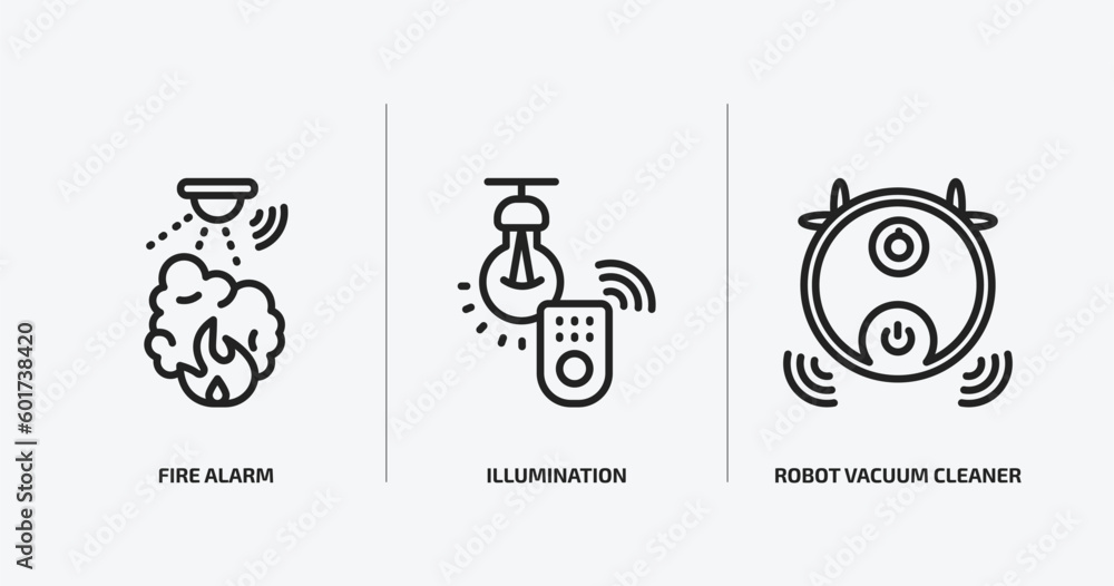 smart home outline icons set. smart home icons such as fire alarm, illumination, robot vacuum cleaner vector. can be used web and mobile.
