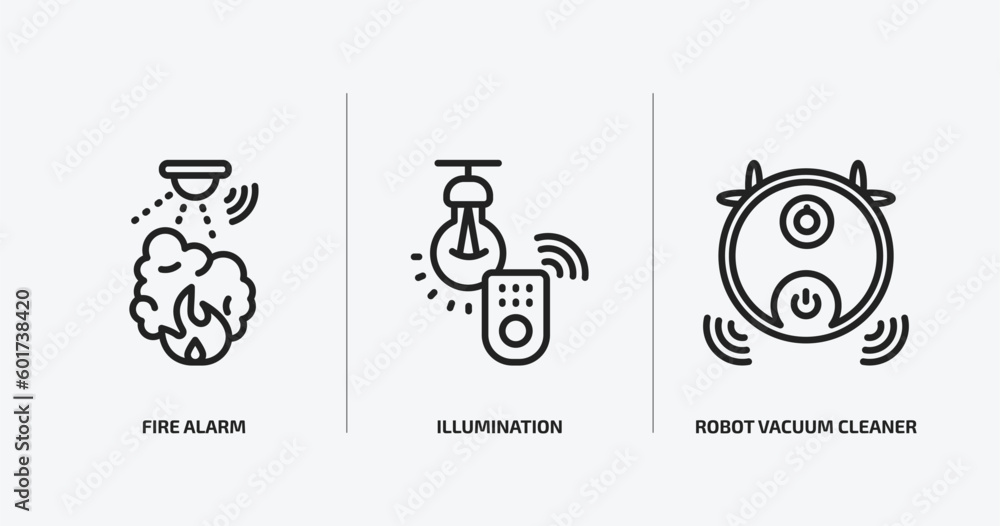 smart home outline icons set. smart home icons such as fire alarm, illumination, robot vacuum cleaner vector. can be used web and mobile. smart home outline icons set. smart home icons such as fire alarm, illumination, robot vacuum cleaner vector. can be used web and mobile.