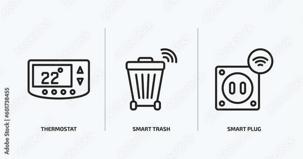 smart home outline icons set. smart home icons such as thermostat, smart trash, plug vector. can be used web and mobile.