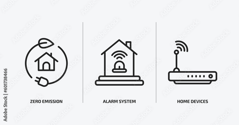 smart home outline icons set. smart home icons such as zero emission, alarm system, home devices vector. can be used web and mobile.
