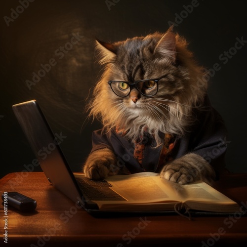 Portrait of a cat wearing glasses and working on the laptop