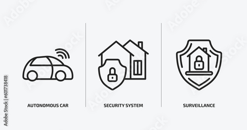 smart home outline icons set. smart home icons such as autonomous car, security system, surveillance vector. can be used web and mobile.