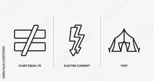 signs outline icons set. signs icons such as is not equal to, electric current, tent vector. can be used web and mobile.