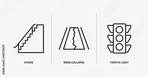 signs outline icons set. signs icons such as stairs, road collapse, traffic light vector. can be used web and mobile.