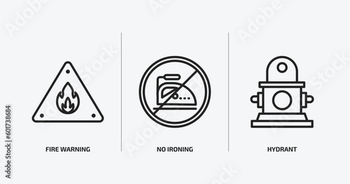 signs outline icons set. signs icons such as fire warning, no ironing, hydrant vector. can be used web and mobile.