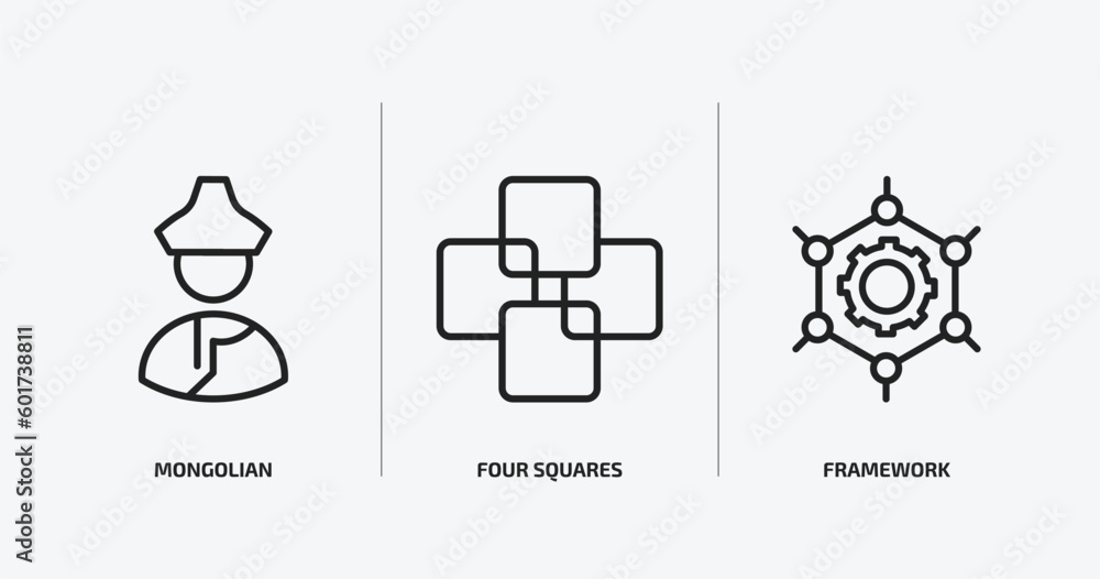 shapes outline icons set. shapes icons such as mongolian, four squares, framework vector. can be used web and mobile.