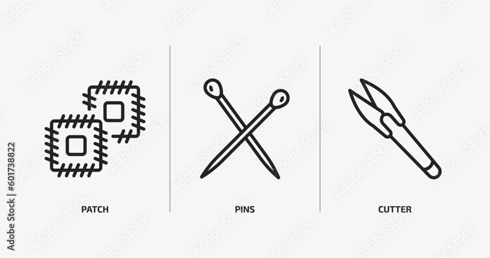 sew outline icons set. sew icons such as patch, pins, cutter vector. can be used web and mobile. sew outline icons set. sew icons such as patch, pins, cutter vector. can be used web and mobile.