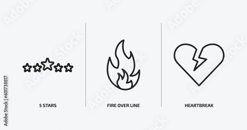 shapes outline icons set. shapes icons such as 5 stars, fire over line, heartbreak vector. can be used web and mobile.