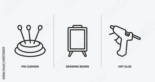 sew outline icons set. sew icons such as pin cushion, drawing board, hot glue vector. can be used web and mobile.