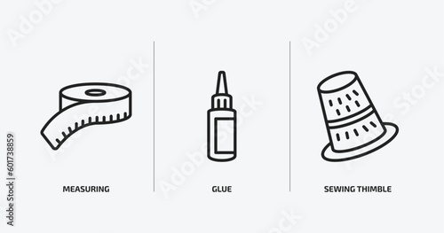 sew outline icons set. sew icons such as measuring, glue, sewing thimble vector. can be used web and mobile.