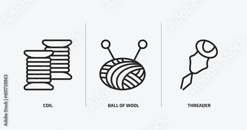 sew outline icons set. sew icons such as coil, ball of wool, threader vector. can be used web and mobile.
