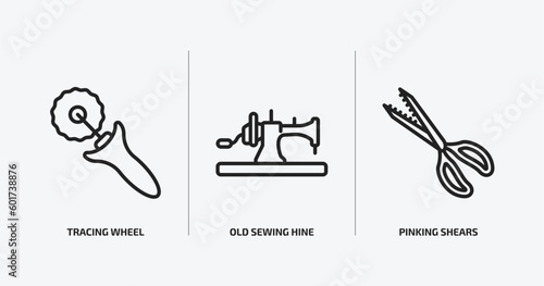 sew outline icons set. sew icons such as tracing wheel, old sewing hine, pinking shears vector. can be used web and mobile.