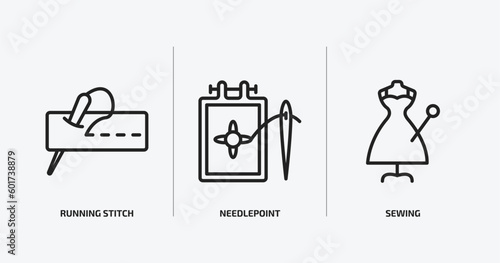 sew outline icons set. sew icons such as running stitch, needlepoint, sewing vector. can be used web and mobile.