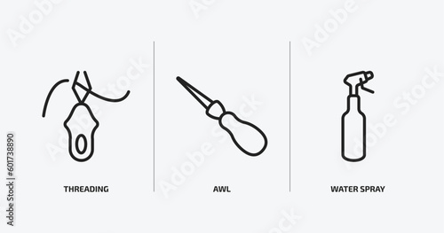 sew outline icons set. sew icons such as threading, awl, water spray vector. can be used web and mobile.
