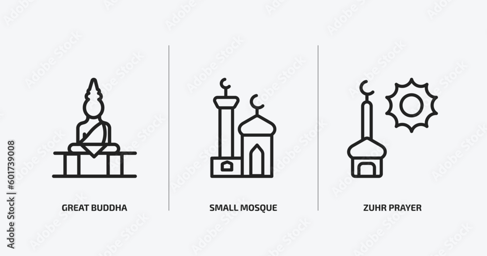 religion outline icons set. religion icons such as great buddha, small mosque, zuhr prayer vector. can be used web and mobile. religion outline icons set. religion icons such as great buddha, small mosque, zuhr prayer vector. can be used web and mobile.