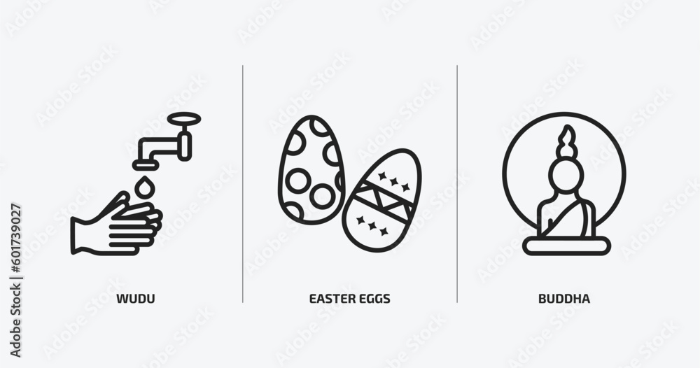 religion outline icons set. religion icons such as wudu, easter eggs, buddha vector. can be used web and mobile.