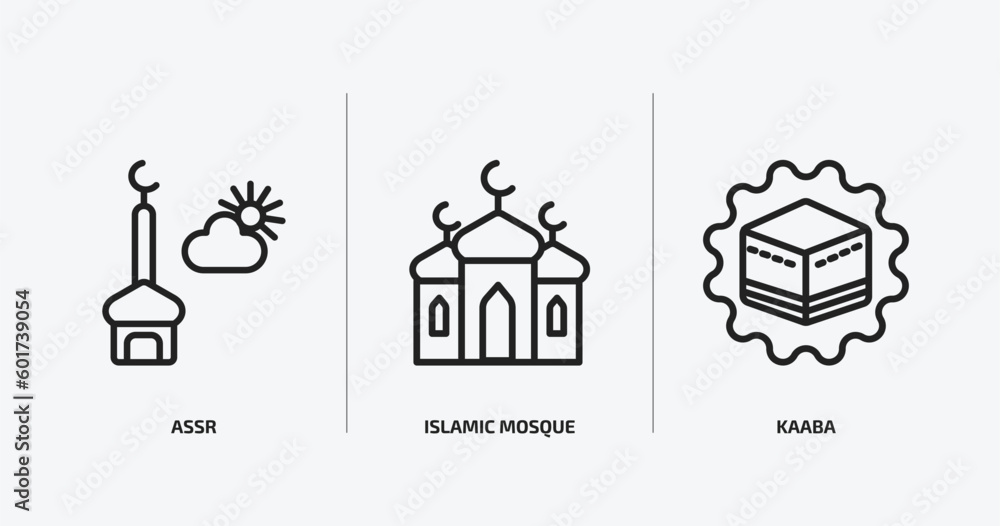 religion outline icons set. religion icons such as assr, islamic mosque, kaaba vector. can be used web and mobile.