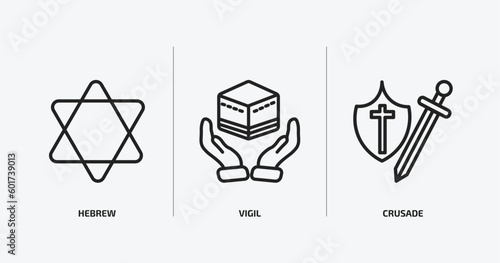 religion outline icons set. religion icons such as hebrew, vigil, crusade vector. can be used web and mobile.