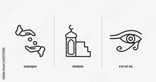 religion outline icons set. religion icons such as sadaqah, minbar, eye of ra vector. can be used web and mobile.