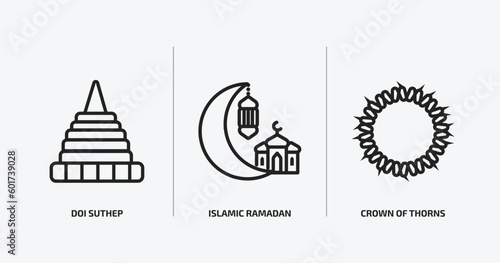 religion outline icons set. religion icons such as doi suthep, islamic ramadan, crown of thorns vector. can be used web and mobile.