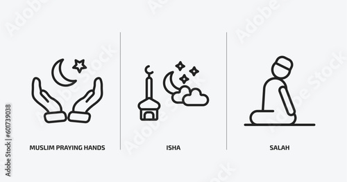religion outline icons set. religion icons such as muslim praying hands, isha, salah vector. can be used web and mobile.