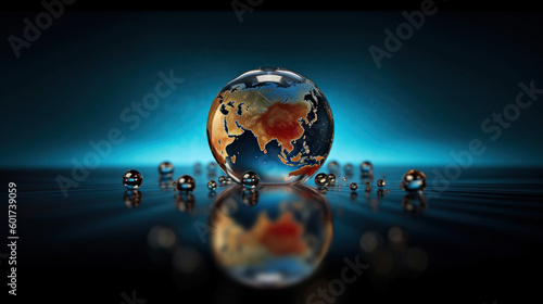 Concept écologique de globe terrestre dans une goutte d'eau, fragilité du monde