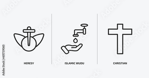 religion outline icons set. religion icons such as heresy, islamic wudu, christian vector. can be used web and mobile.