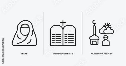 religion outline icons set. religion icons such as hijab, commandments, fajr dawn prayer vector. can be used web and mobile.