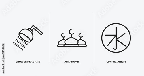 religion outline icons set. religion icons such as shower head and water, abrahamic, confucianism vector. can be used web and mobile.