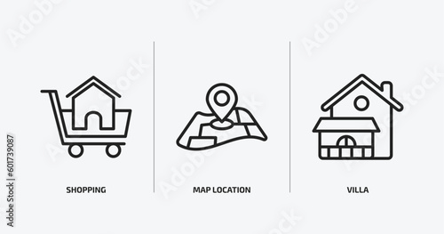 real estate outline icons set. real estate icons such as shopping, map location, villa vector. can be used web and mobile.