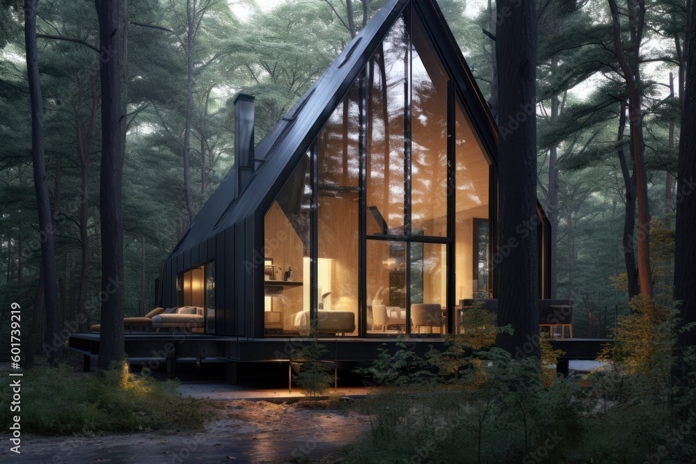 Conceptual modern glasshouse home exterior design. Contemporary glass house concept. Generative AI illustration. Conceptual modern glasshouse home exterior design. Contemporary glass house concept. Generative AI illustration.