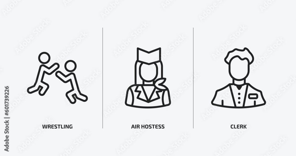 professions outline icons set. professions icons such as wrestling, air hostess, clerk vector. can be used web and mobile. professions outline icons set. professions icons such as wrestling, air hostess, clerk vector. can be used web and mobile.