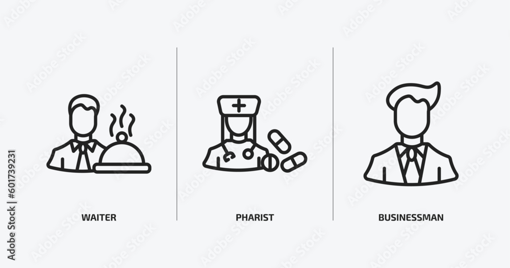 professions outline icons set. professions icons such as waiter, pharist, businessman vector. can be used web and mobile. professions outline icons set. professions icons such as waiter, pharist, businessman vector. can be used web and mobile.