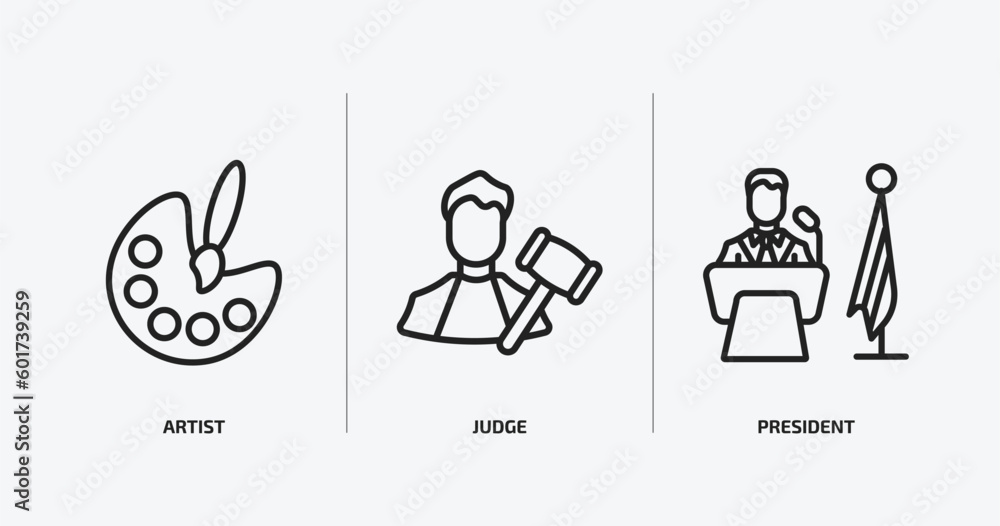 professions outline icons set. professions icons such as artist, judge, president vector. can be used web and mobile. professions outline icons set. professions icons such as artist, judge, president vector. can be used web and mobile.
