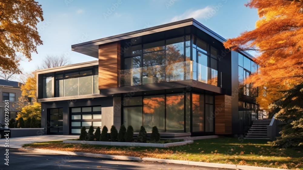 Fototapeta premium Conceptual modern glasshouse home exterior design. Contemporary glass house concept. Generative AI illustration.