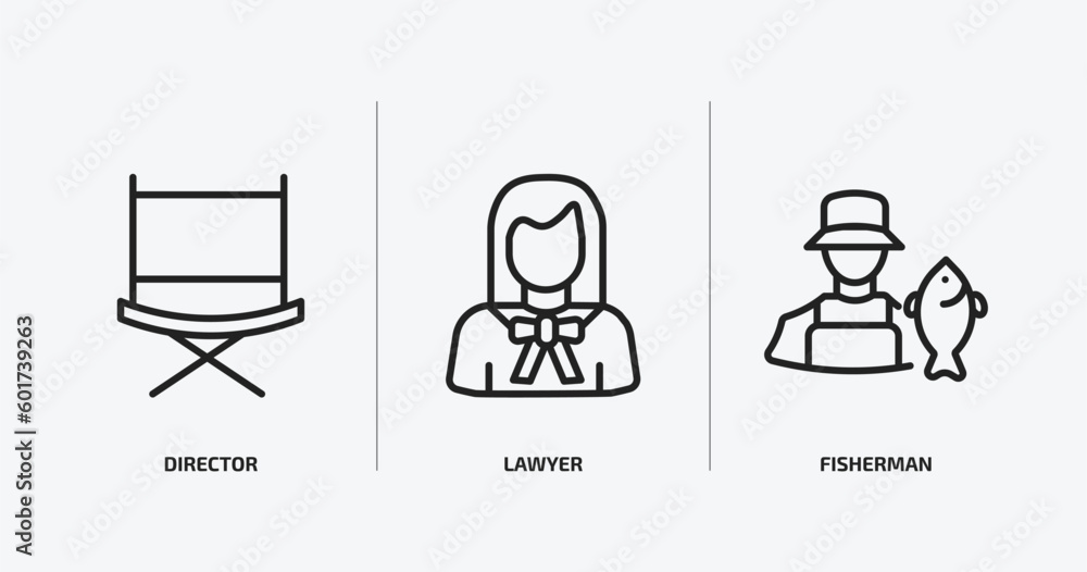 professions outline icons set. professions icons such as director, lawyer, fisherman vector. can be used web and mobile.
