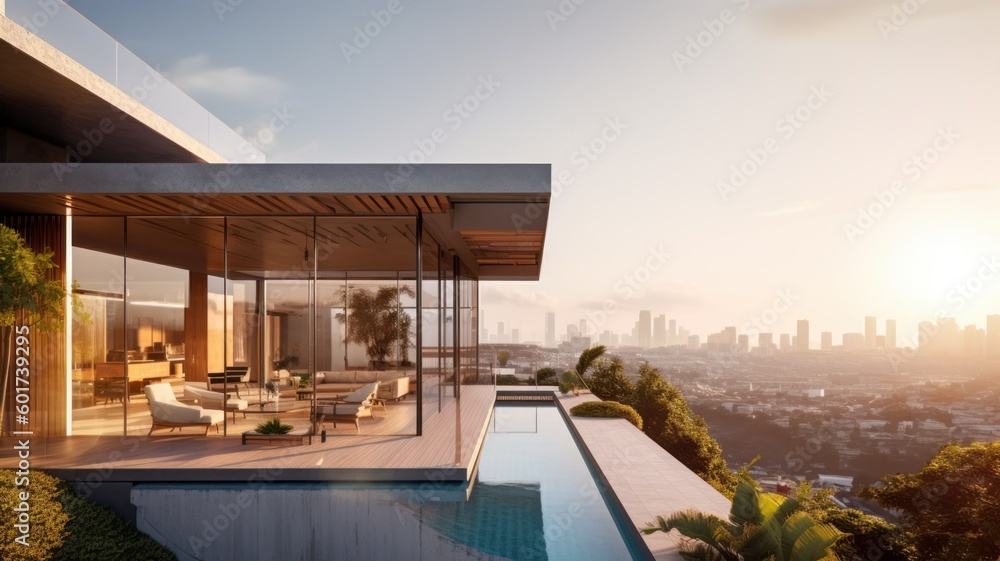 Obraz premium Conceptual modern glasshouse home exterior design. Contemporary glass house concept. Generative AI illustration.