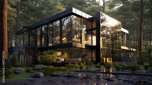 Conceptual modern glasshouse home exterior design. Contemporary glass house concept. Generative AI illustration.