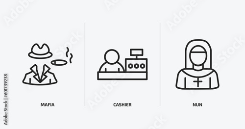 professions outline icons set. professions icons such as mafia, cashier, nun vector. can be used web and mobile.