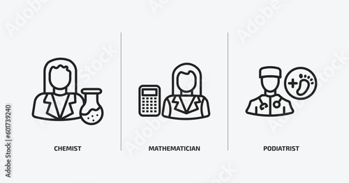 professions outline icons set. professions icons such as chemist, mathematician, podiatrist vector. can be used web and mobile.