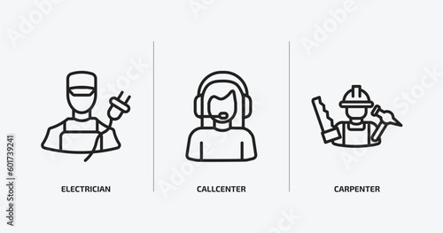 professions outline icons set. professions icons such as electrician, callcenter, carpenter vector. can be used web and mobile.