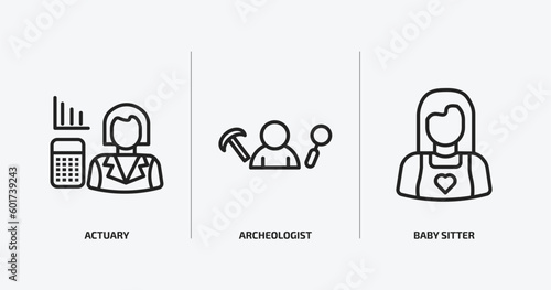 professions outline icons set. professions icons such as actuary, archeologist, baby sitter vector. can be used web and mobile.